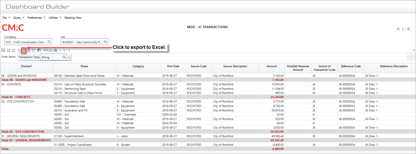 Screenshot of BI Dashboard Builder Table visualization.