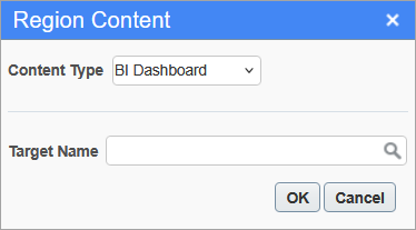 Sample of the BI Dashboard Content Type in the Region Content pop-up window