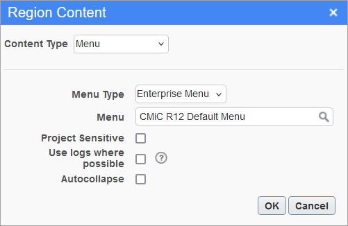 Sample of the Edit Region Content pop-up window