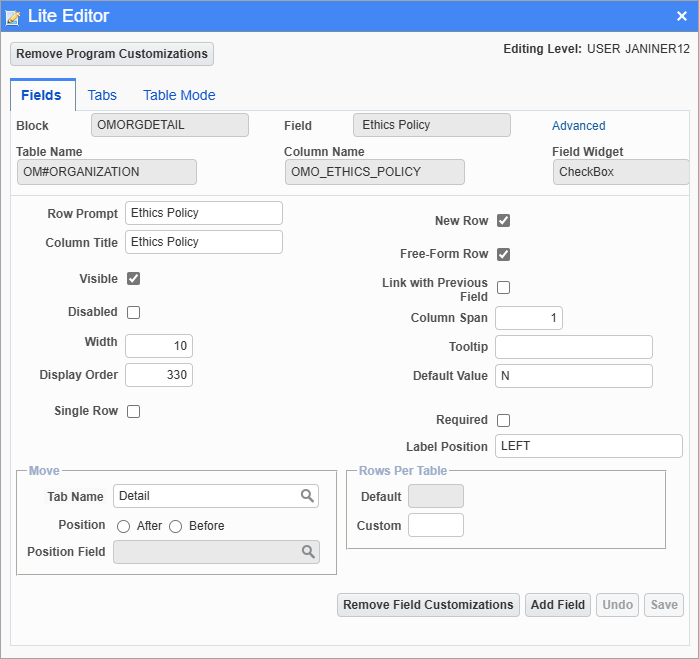 Screenshot of Lite Editor - Fields tab.