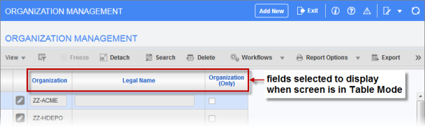 Sample of a screen in Table Mode with the selected columns displaying