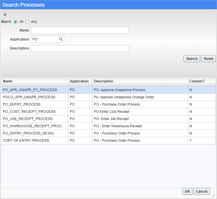 Screenshot of Search Processes pop-up.