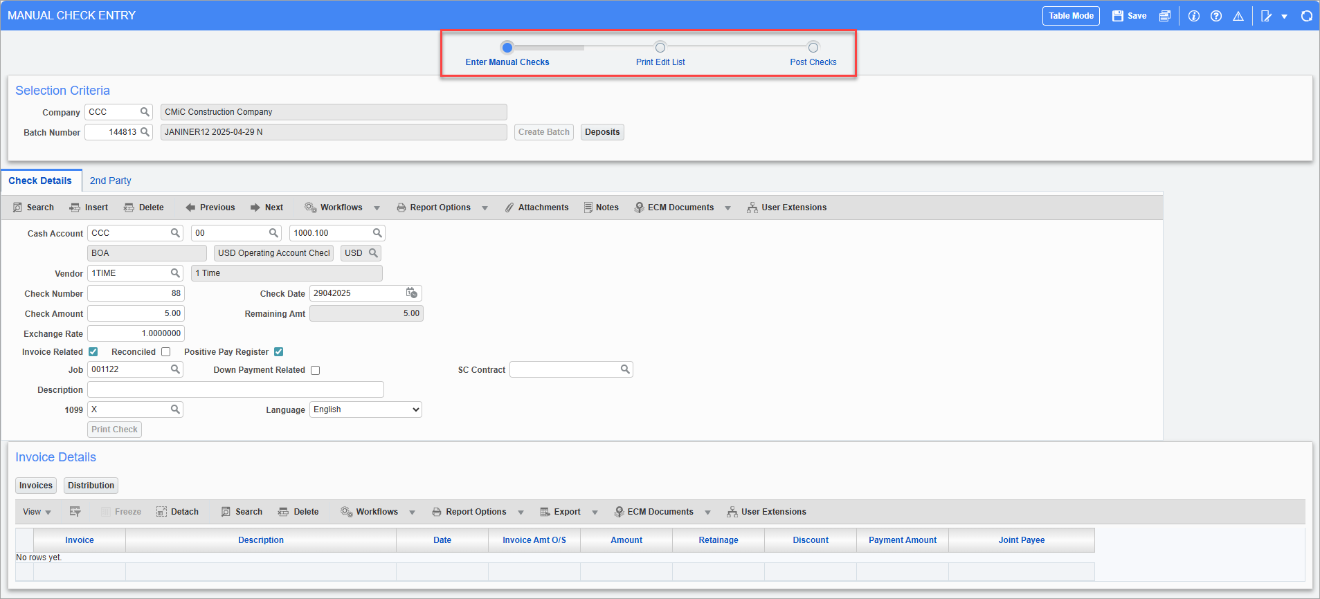 Screenshot of Manual Check Entry with process train highlighted.