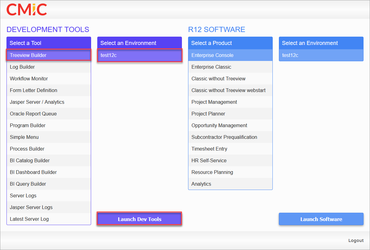 Screenshot of CMiC Enterprise’s launch page