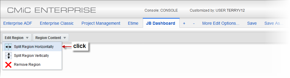 Screenshot of Edit Region drop-down