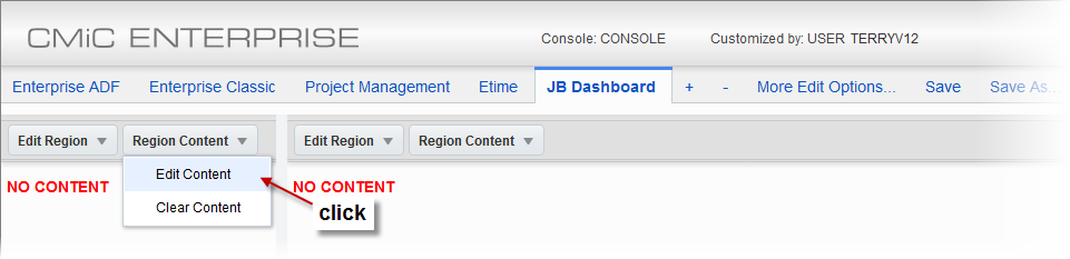 Screenshot of Region Content drop-down
