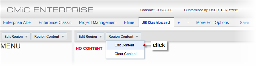 Screenshot of Region Content drop-down
