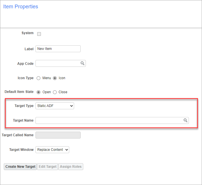 Screenshot of Item Properties with target type Static ADF