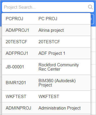 Screenshot of CMiC Project Search field with drop-down menu