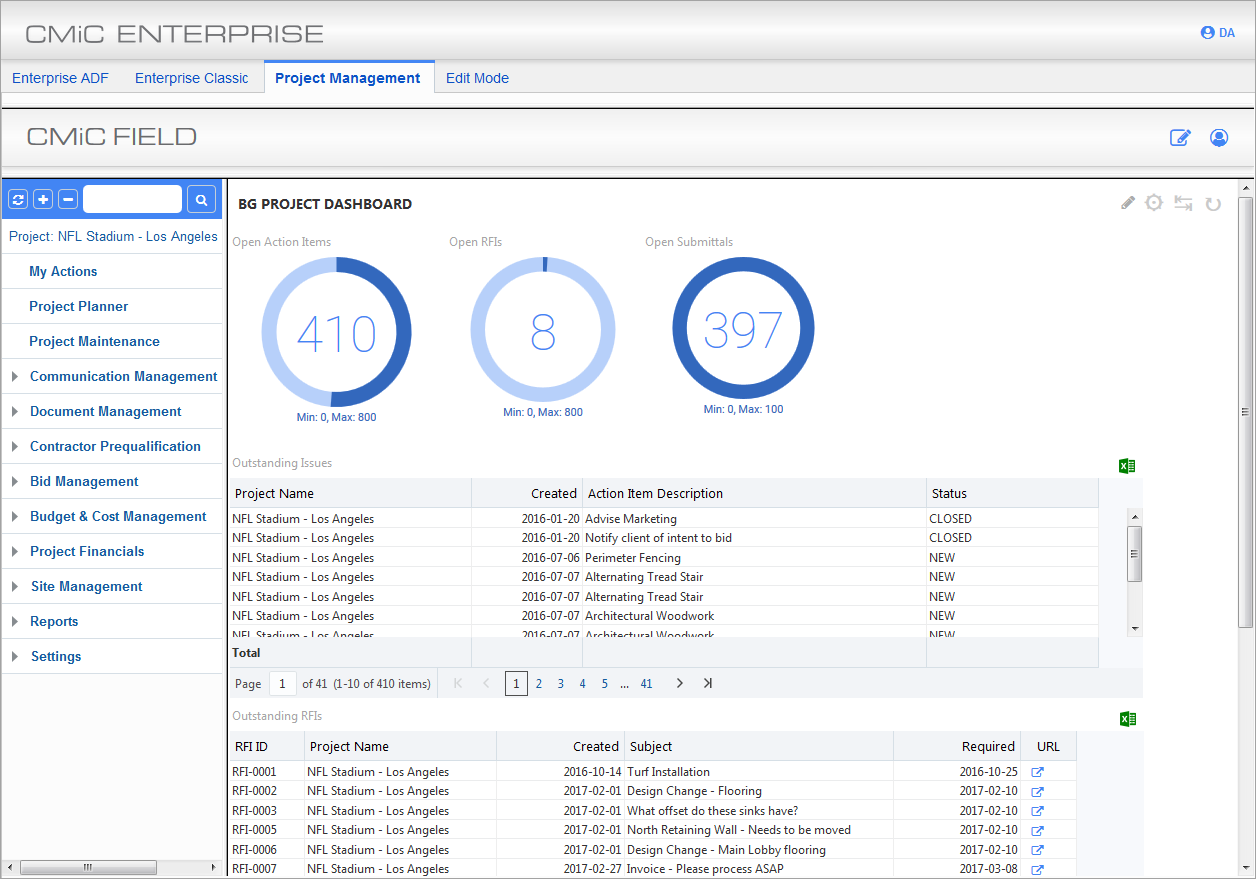 Screenshot of CMiC Field Dashboard