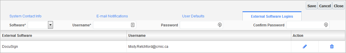 Screenshot of External Software Logins tab