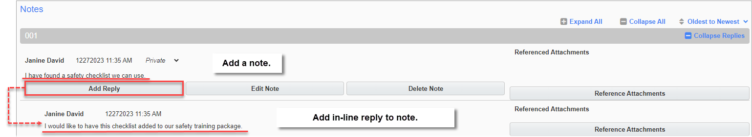Screenshot of Notes section with Add Reply button highlighted