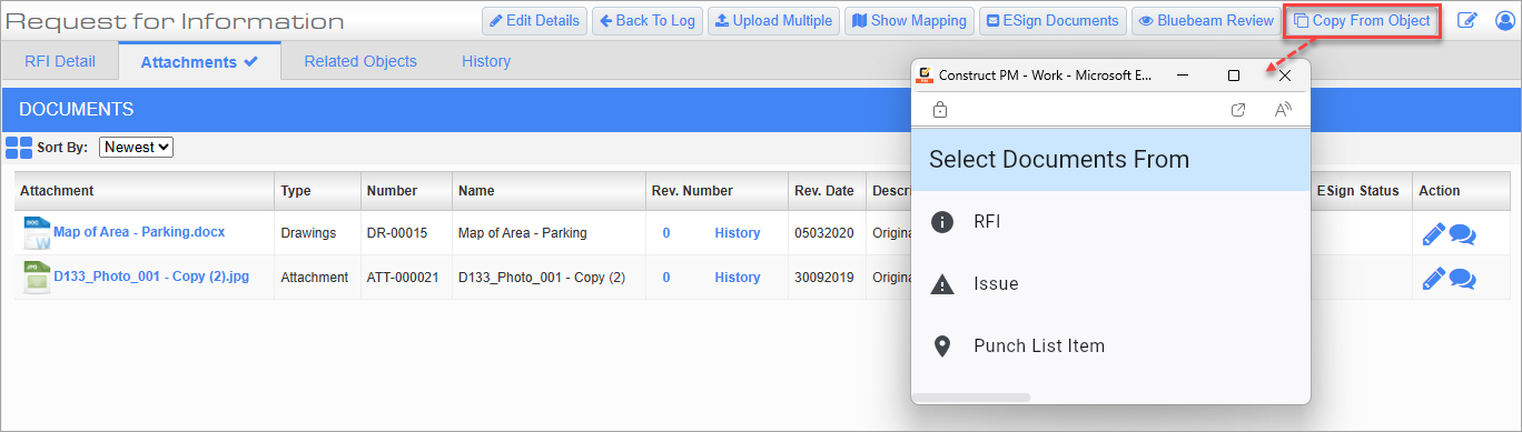 Screenshot of Select Documents From pop-up.