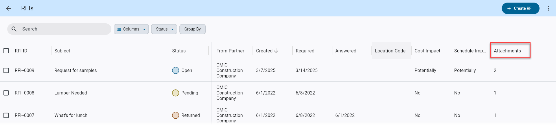 Screenshot of RFIs with Attachments highlighted.