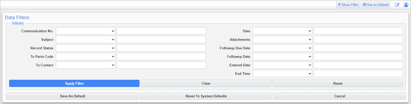 Screenshot of Data Filters sections