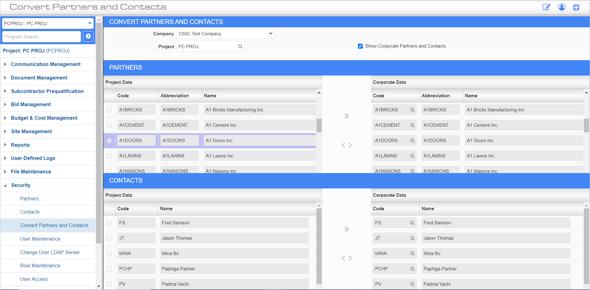 Screenshot of Convert Partners and Contacts