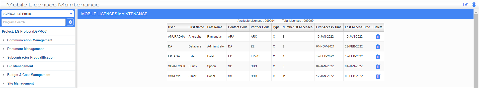 Screenshot of Mobile Licenses Maintenance