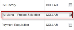 Screenshot of PM Menu-Project Selection checkbox