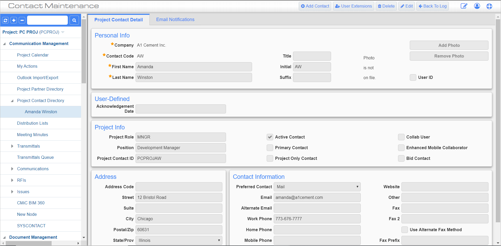 Screenshot of Project Contact Detail – Tab