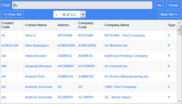 Example of the pop-up window launched from Contact Code field when Company field is left blank