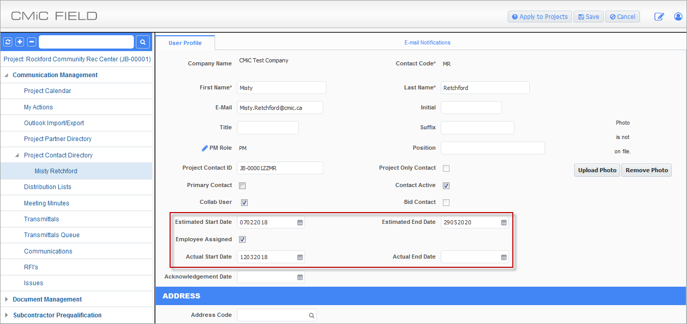 Example of additional fields for Project Contact with Associated Employee Number