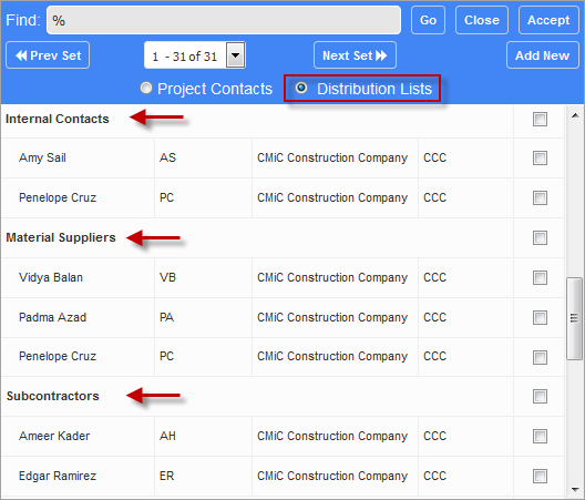 Image of Distribution Lists radio button selected