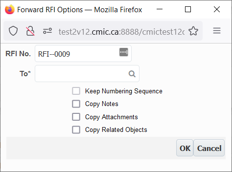 Screenshot of Forward RFI Options pop-up