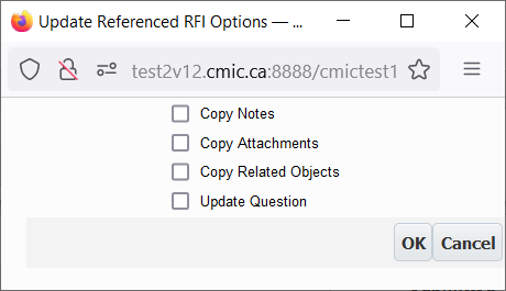 Screenshot of Update Referenced RFI Options pop-up