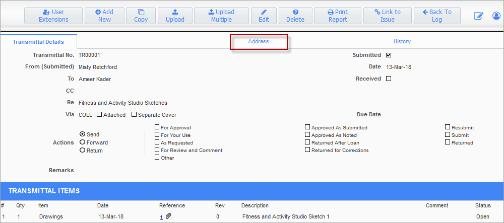 Screenshot of Transmittal Address tab