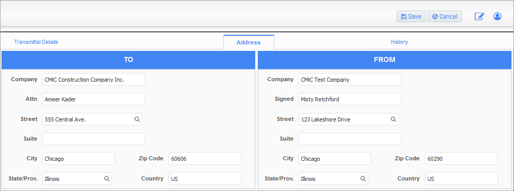 Screenshot of Transmittal Address tab