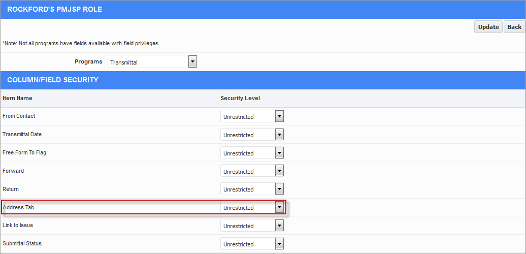 Screenshot of Transmittal Address tab