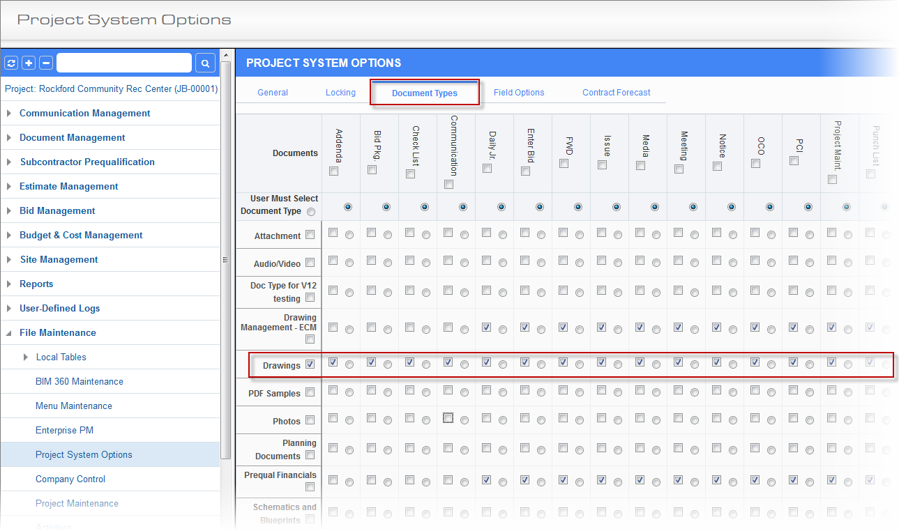 Example of setting Project System Options for Document Types