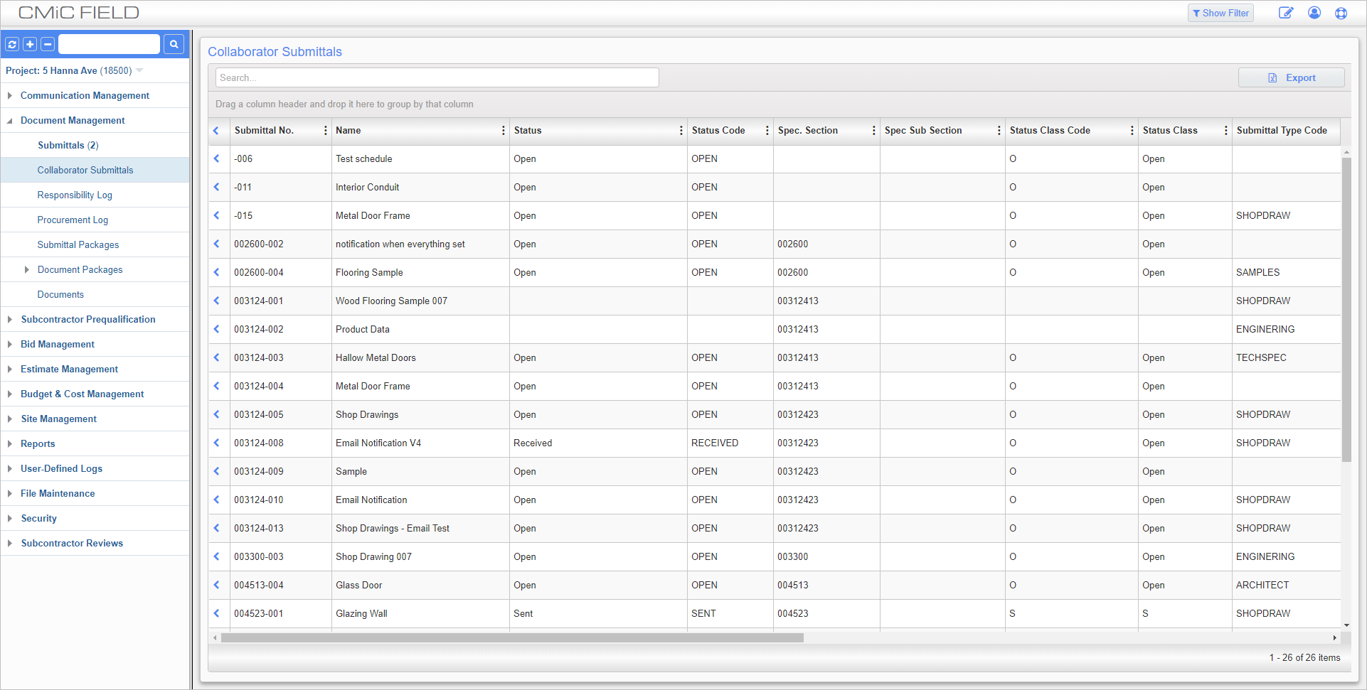 Screenshot of Contractor Submittals