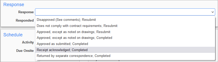 Screenshot of Submittals Response section