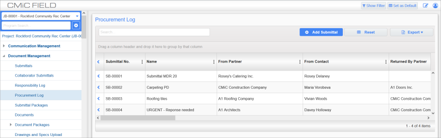 Screenshot of Procurement Log