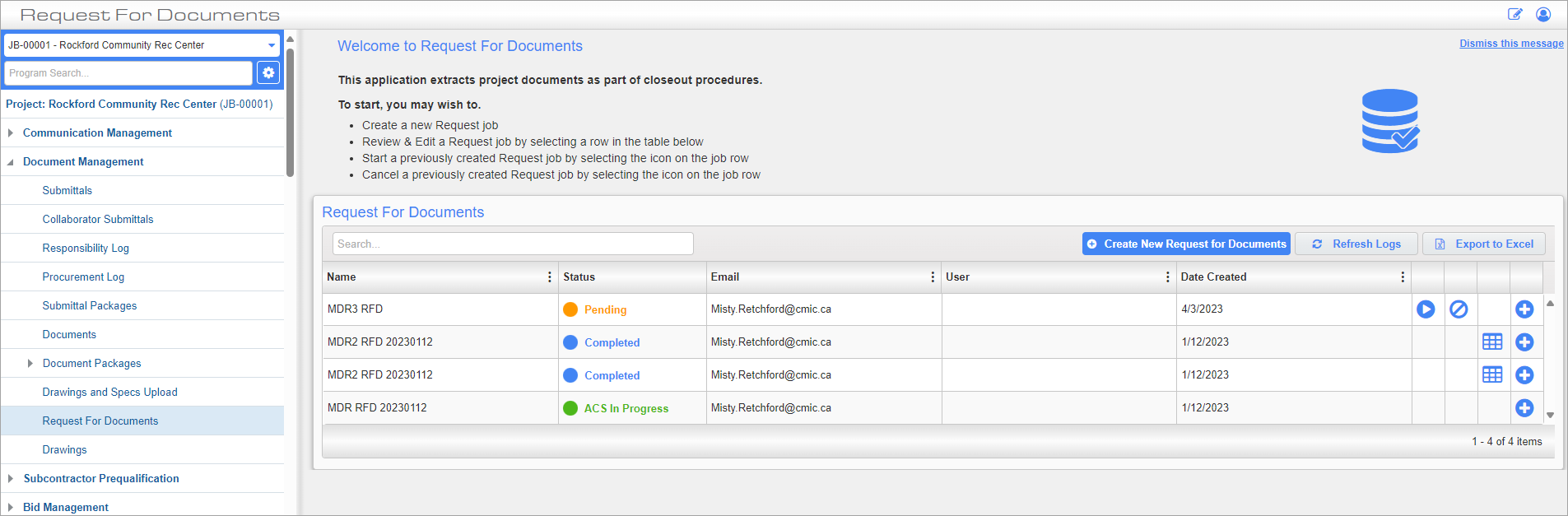 Screenshot of Request for Documents