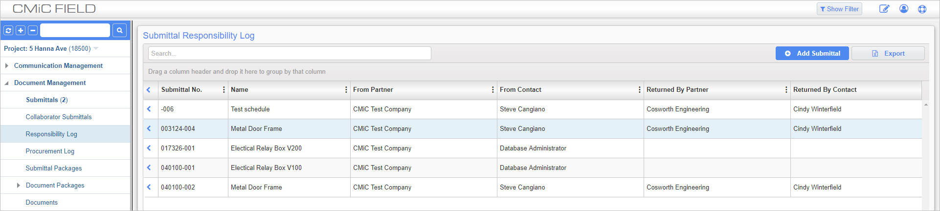 Screenshot of Submittal Responsibility Log