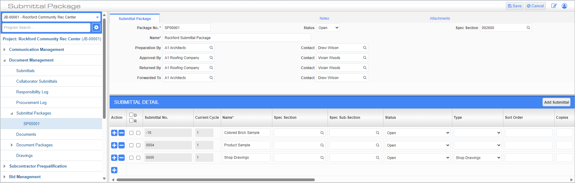 Screenshot of Submittal Packages