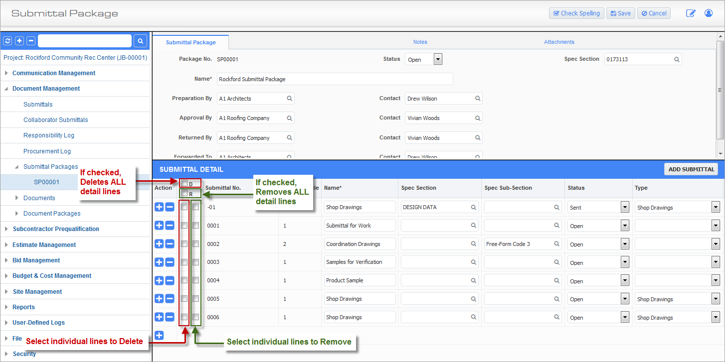 Screenshot of Submittal Packages tab with boxes highlighted