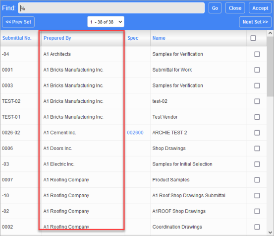 Screenshot of Submittal LOV