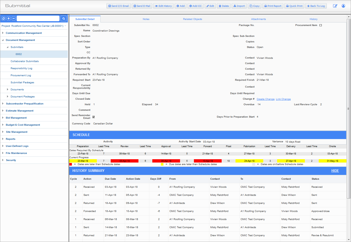 Screenshot of Submittals