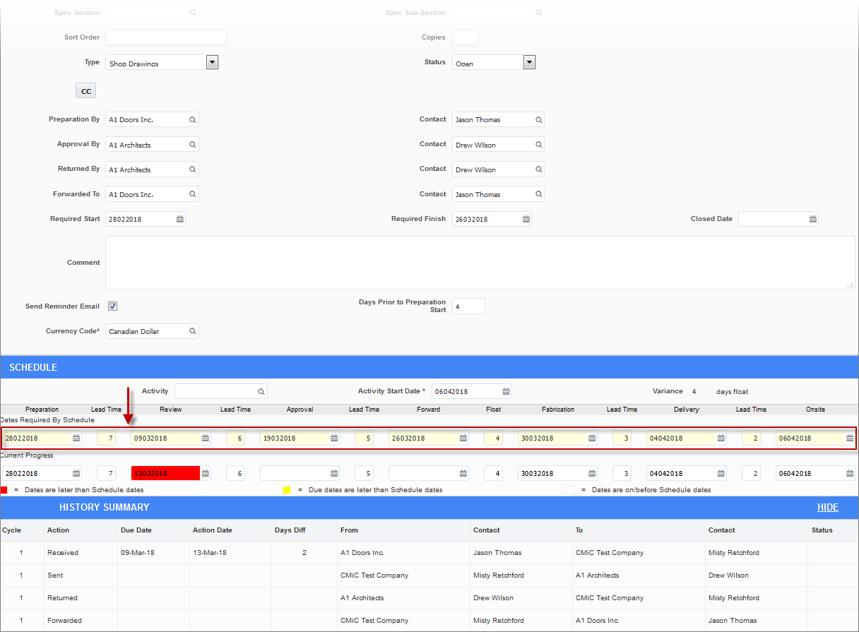 Screenshot of Submittals with schedule dates