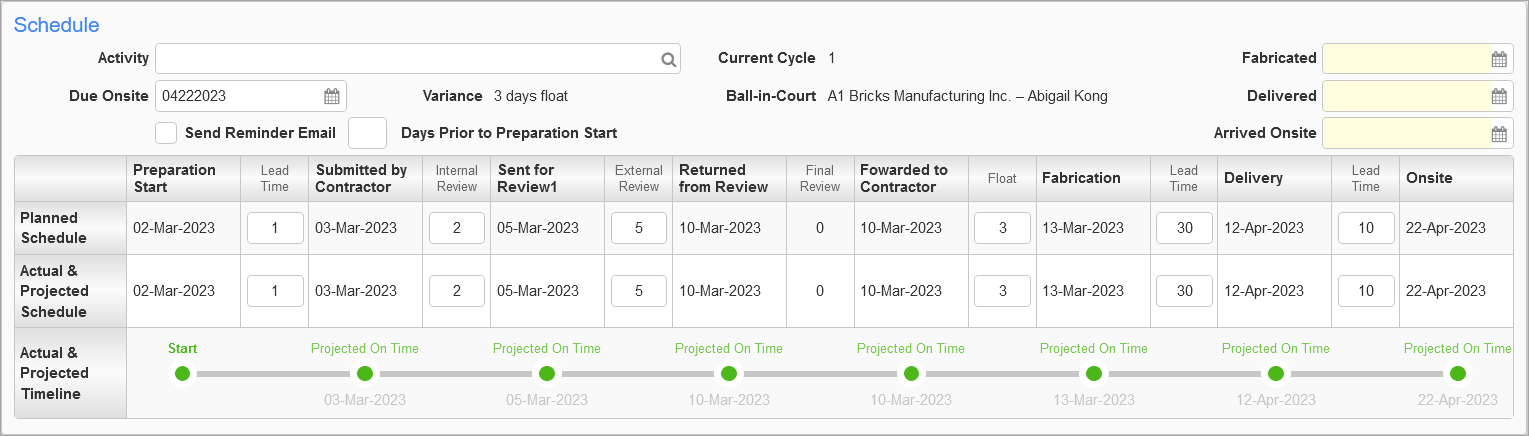 Screenshot of Submittals Schedule section