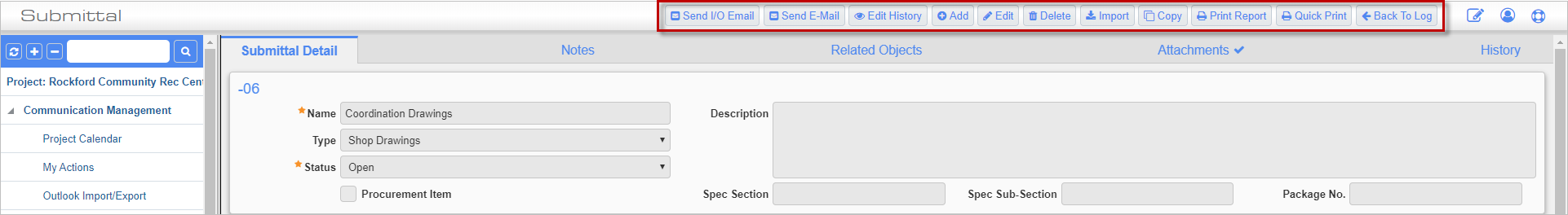 Screenshot of Submittals main toolbar section