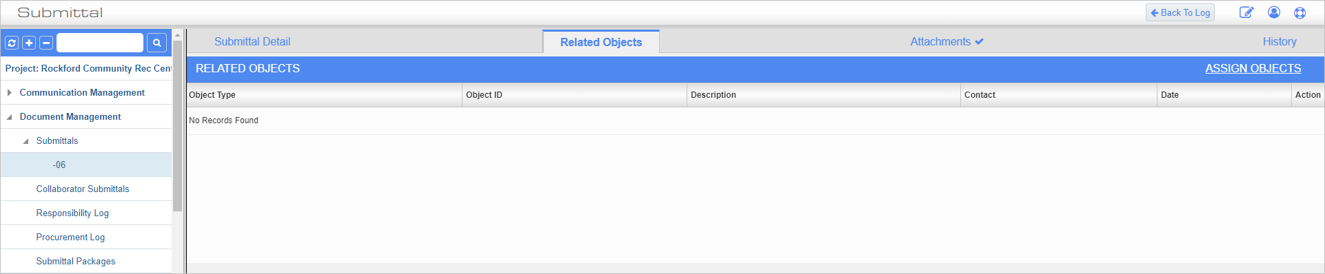 Screenshot of Submittals Related Objects tab