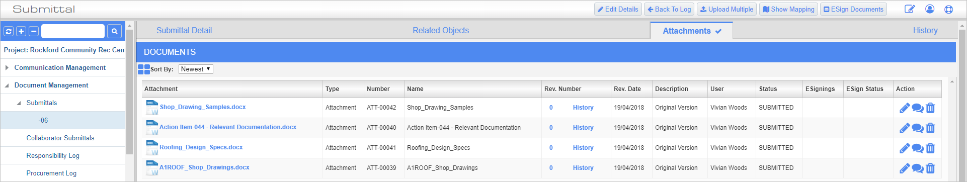 Screenshot of Submittals Attachments tab