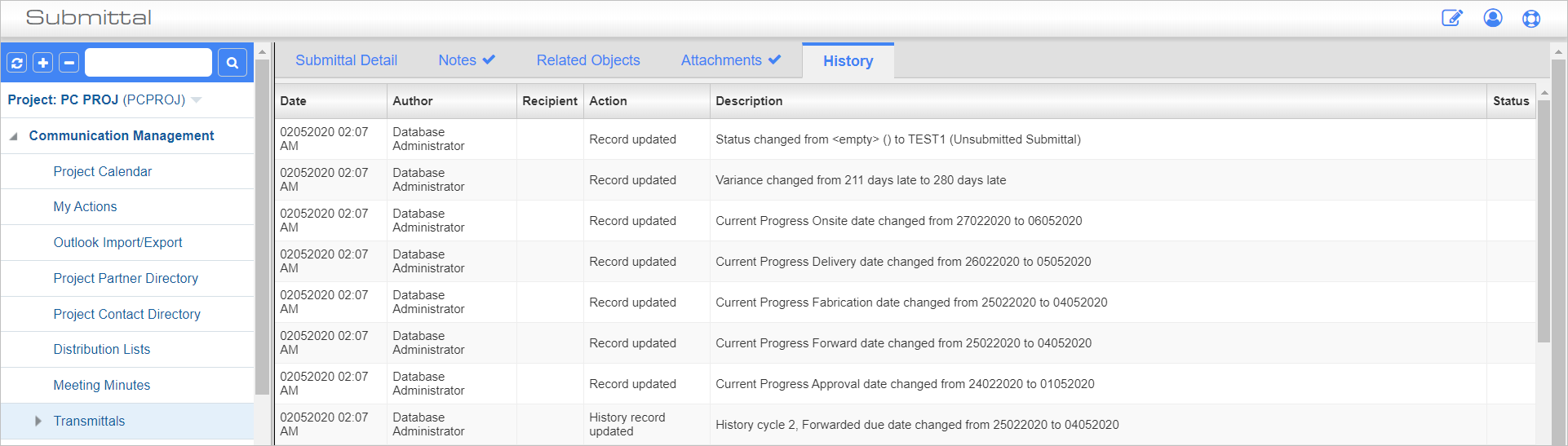 Screenshot of Submittals History tab