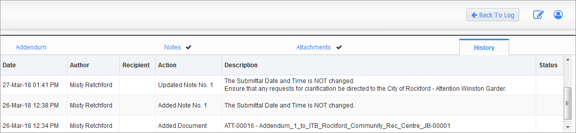 Screenshot of Addendum History tab