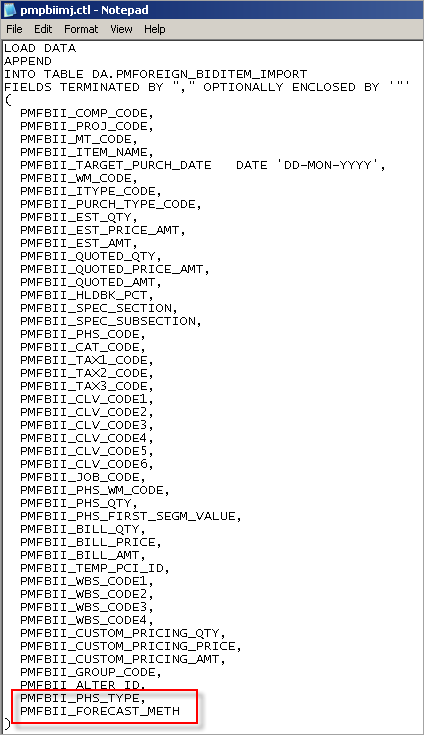 Screenshot of Layout for Bid Item Import showing additional fields