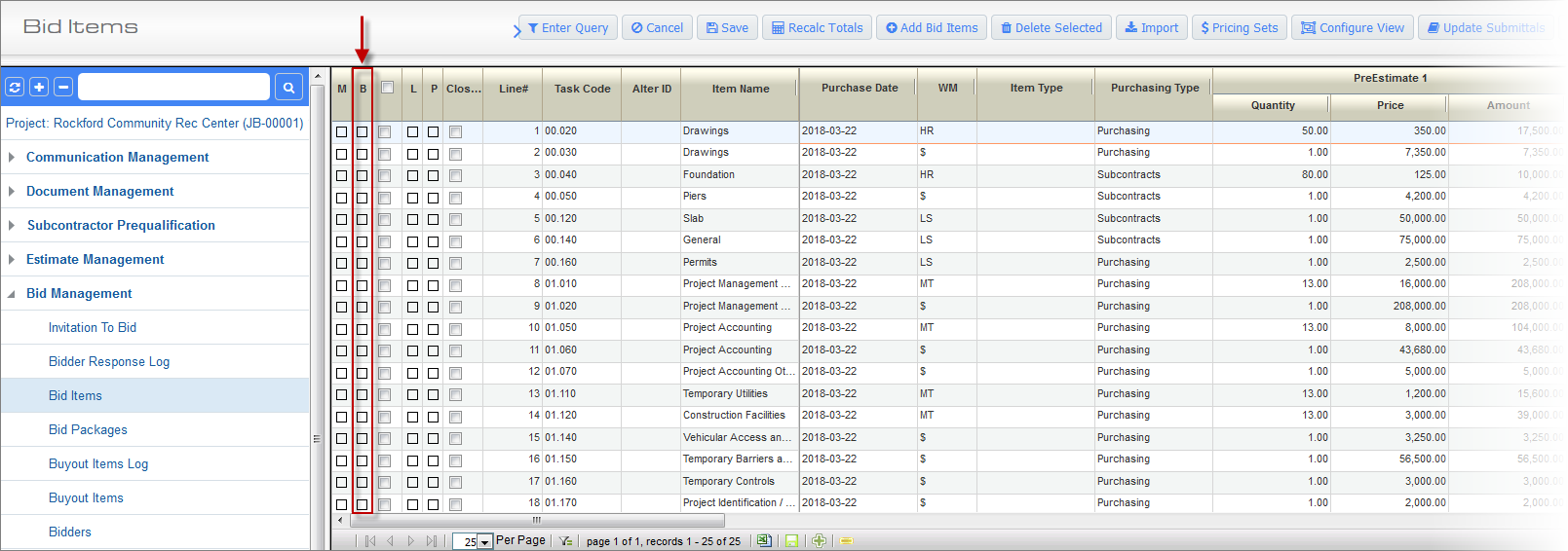 Screenshot of Budget Update Column in Bid Items 